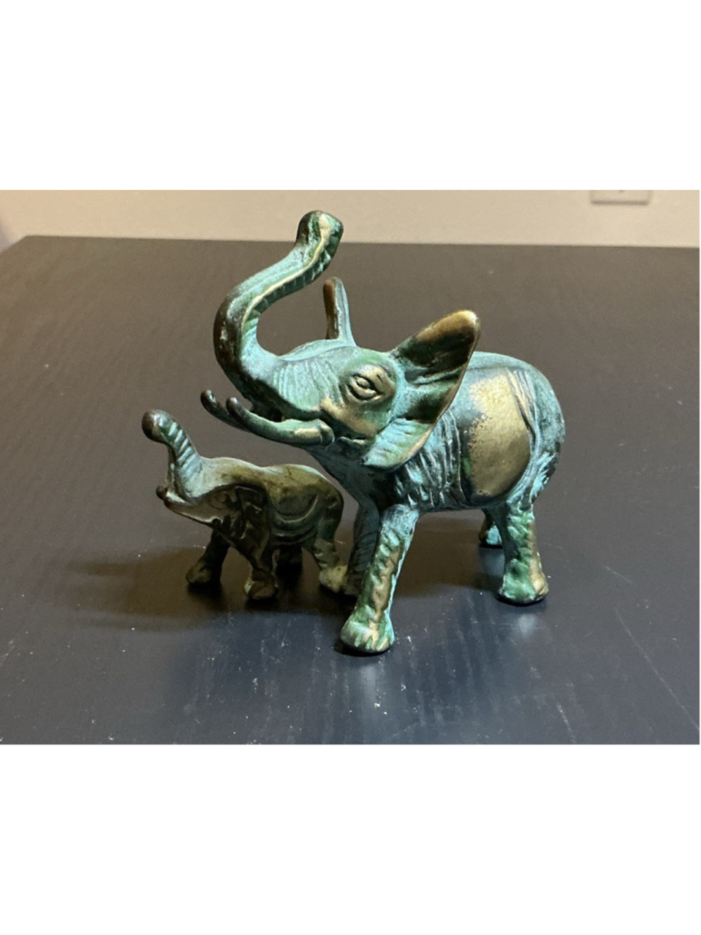 Verdigris BRASS ELEPHANT & BABY Figurine 4.5” tall x 5" long.